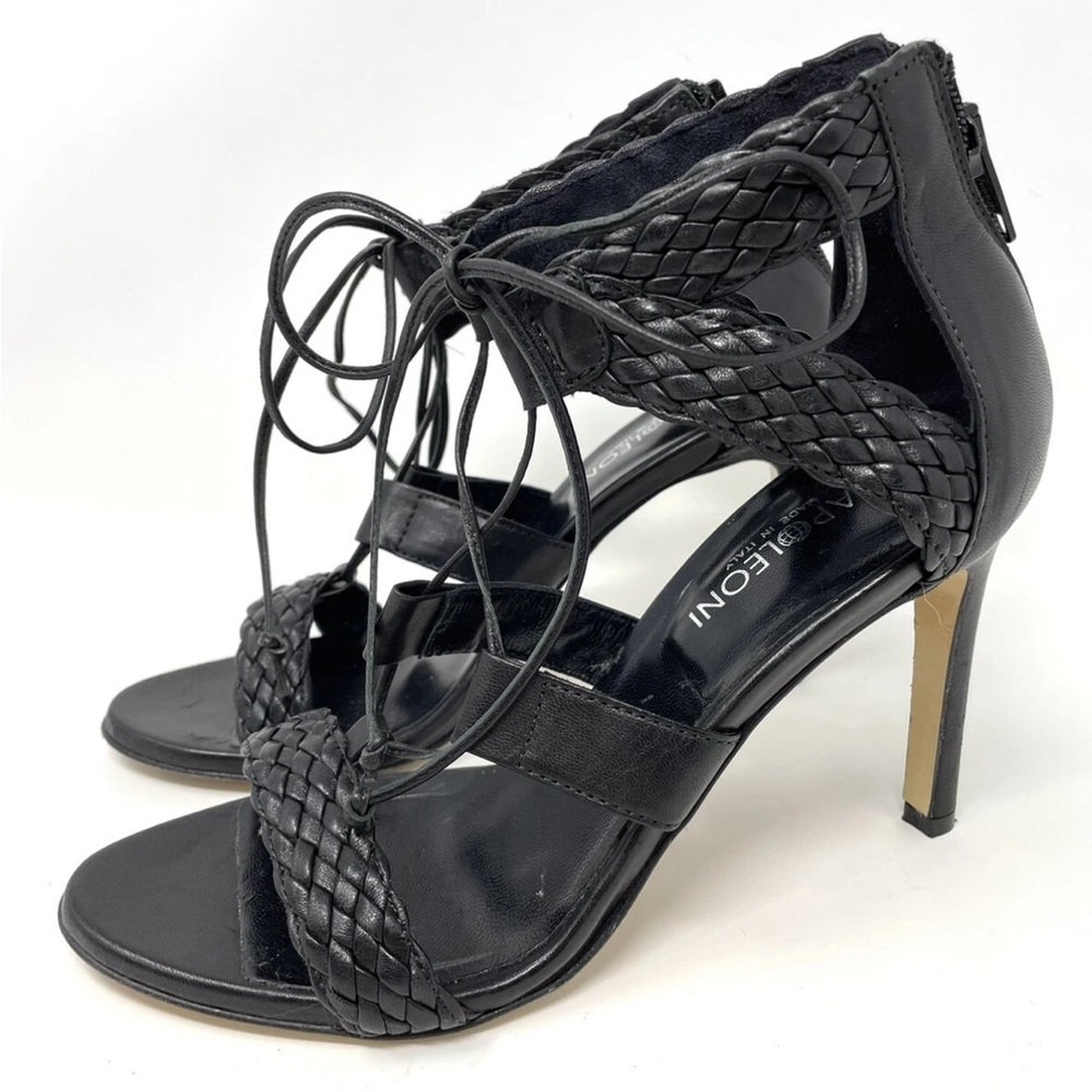 Napoleoni Italian Black Leather Strappy Braided High Heels